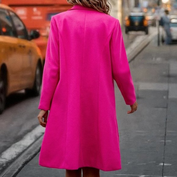 Hot Pink Lapel Neck Double Breasted Overcoat Jacket - Picture 2 of 5